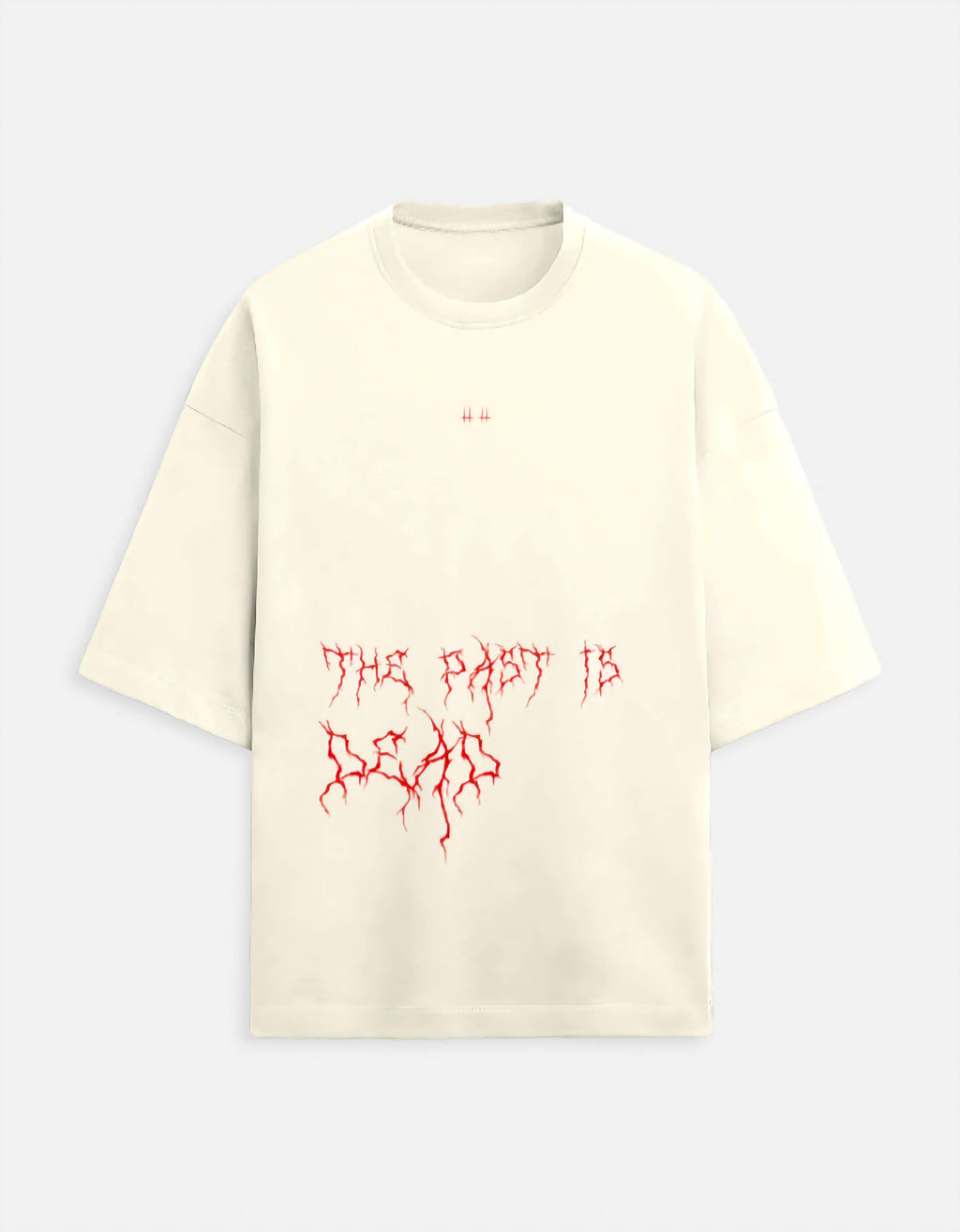 Beige t-shirt with red text design on a light gray background