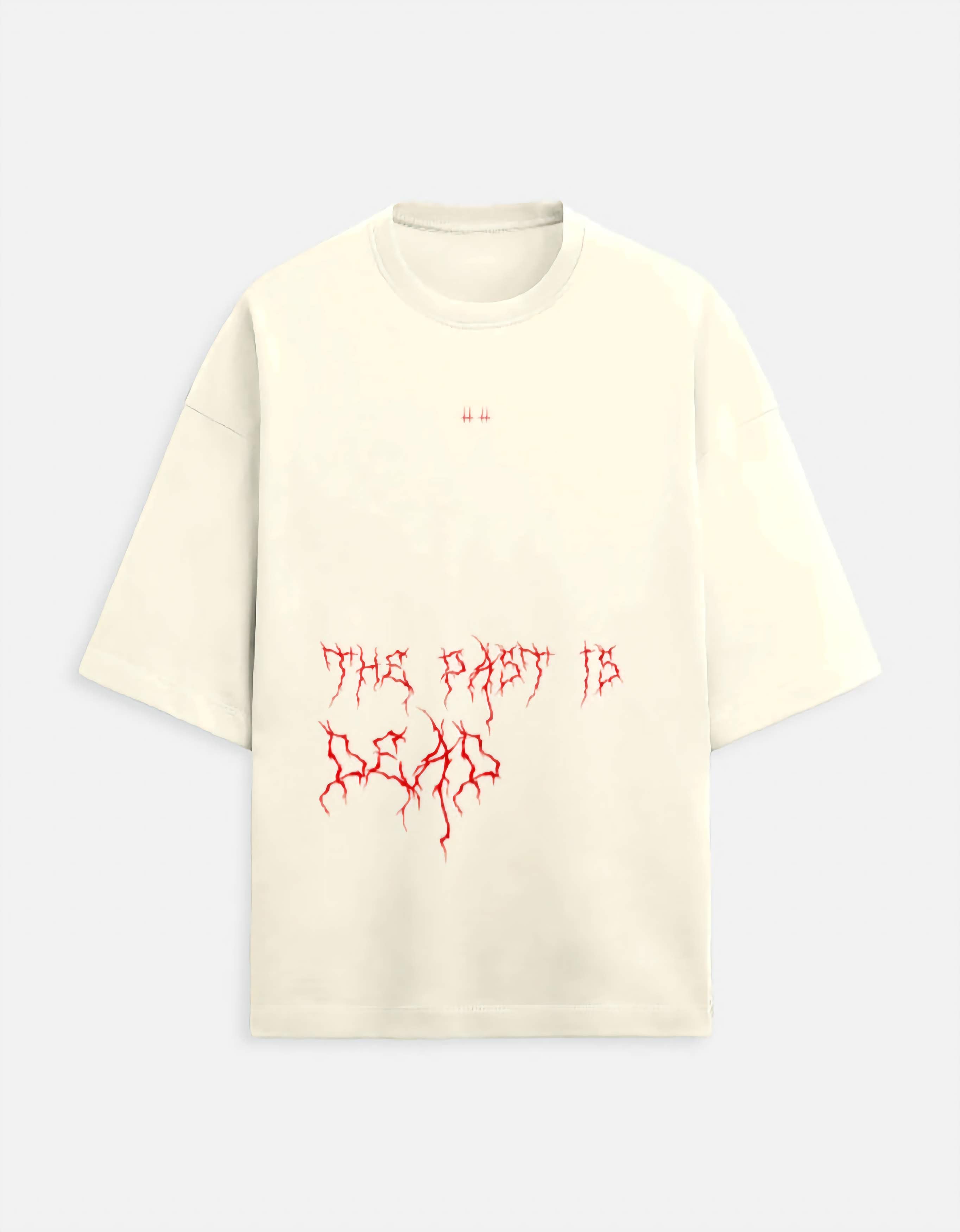 Beige t-shirt with red text design on a light gray background