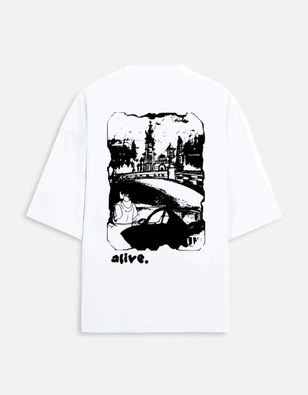 White t-shirt with black graphic design on a white background