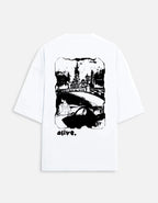 White t-shirt with black graphic design on a white background