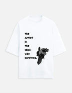 White t-shirt with black text and a black and white illustration on a white background