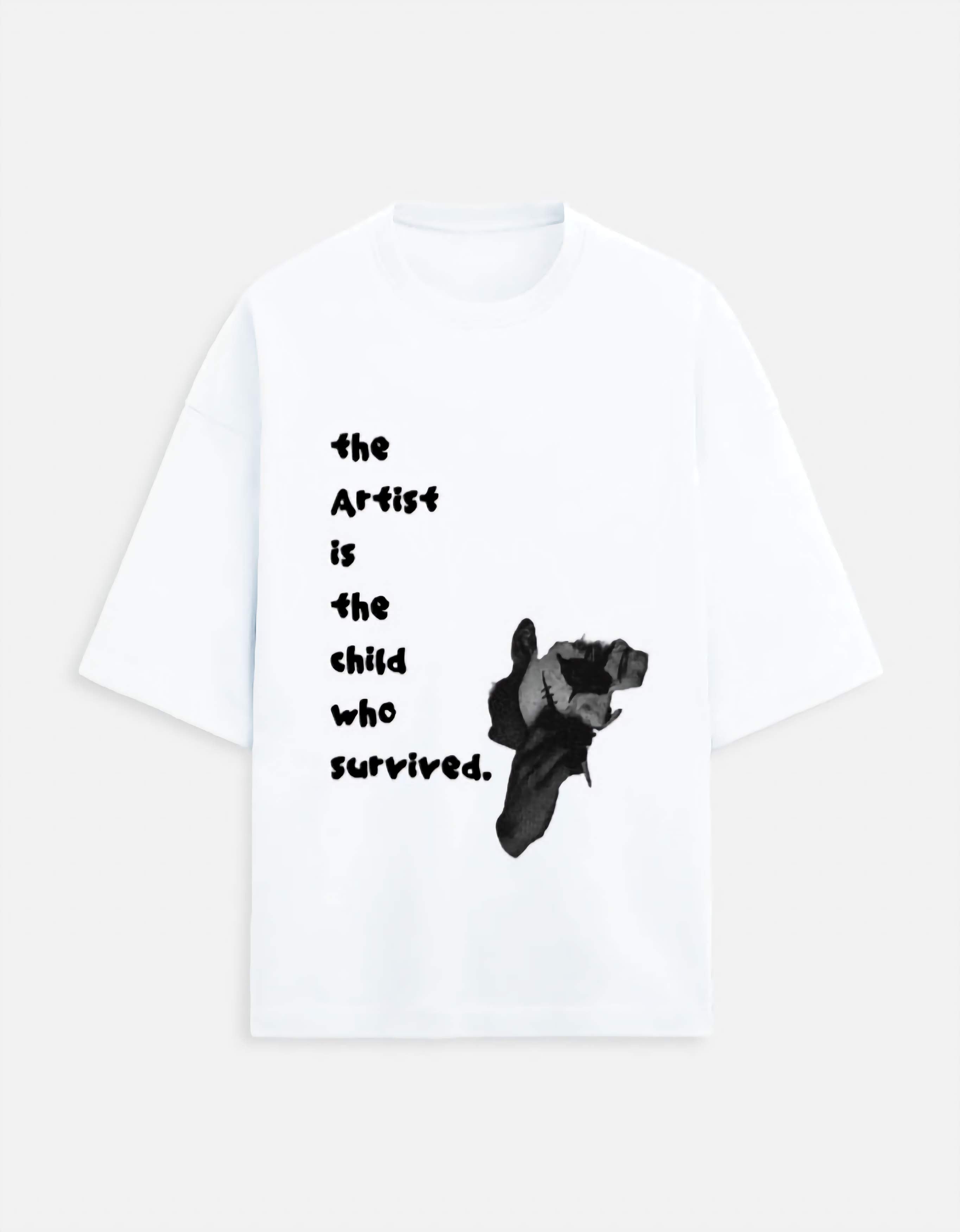 White t-shirt with black text and a black and white illustration on a white background