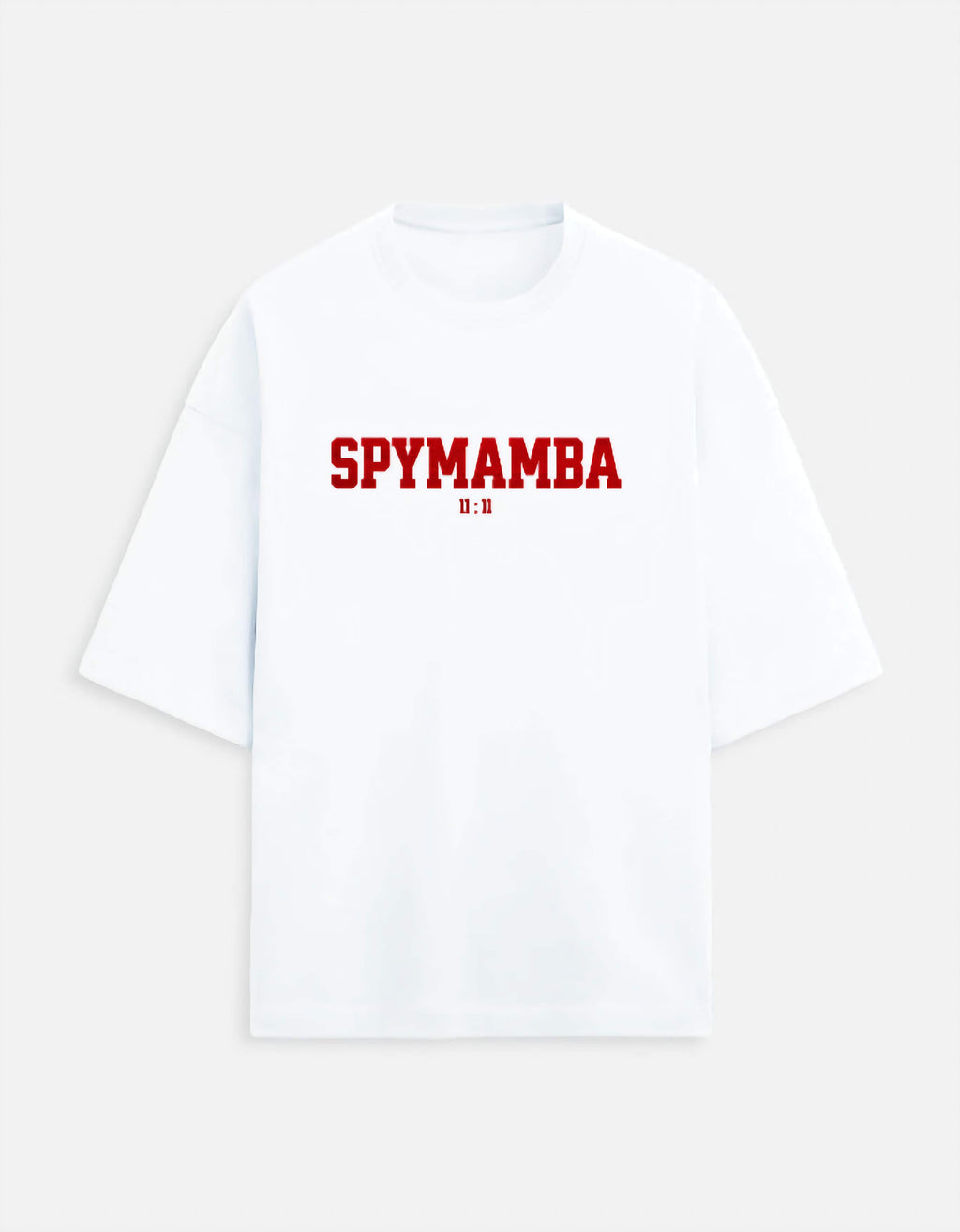 White t-shirt with red 'SPYMAMBA' text on a white background