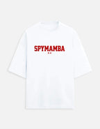 White t-shirt with red 'SPYMAMBA' text on a white background