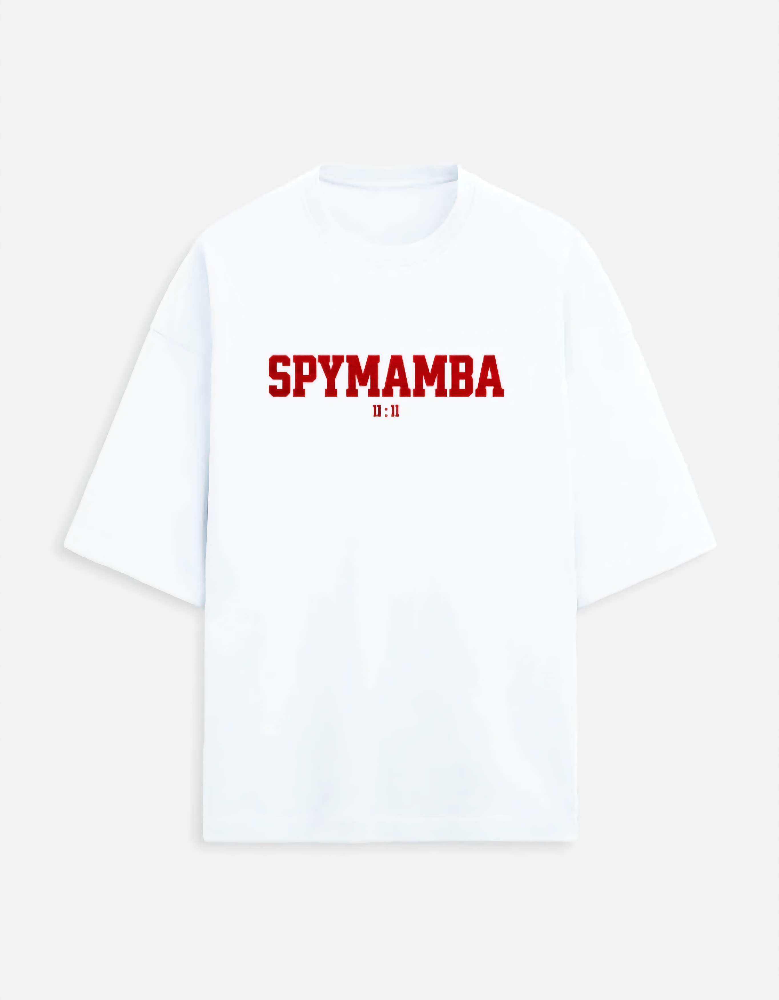 White t-shirt with red 'SPYMAMBA' text on a white background