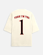 Beige t-shirt with red text and number on a white background