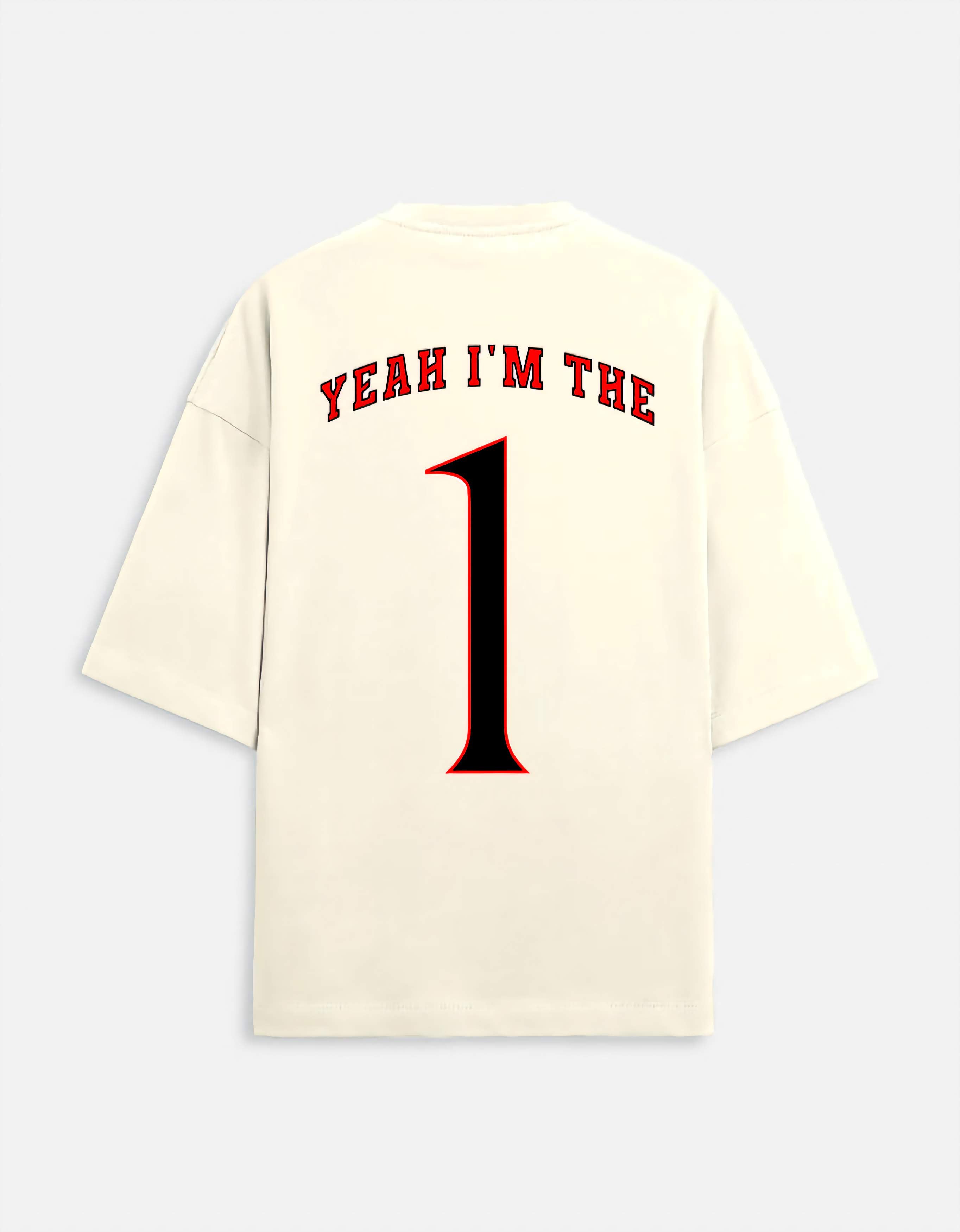 Beige t-shirt with red text and number on a white background