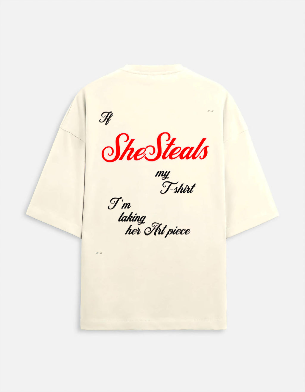 Beige t-shirt with humorous text design on a white background