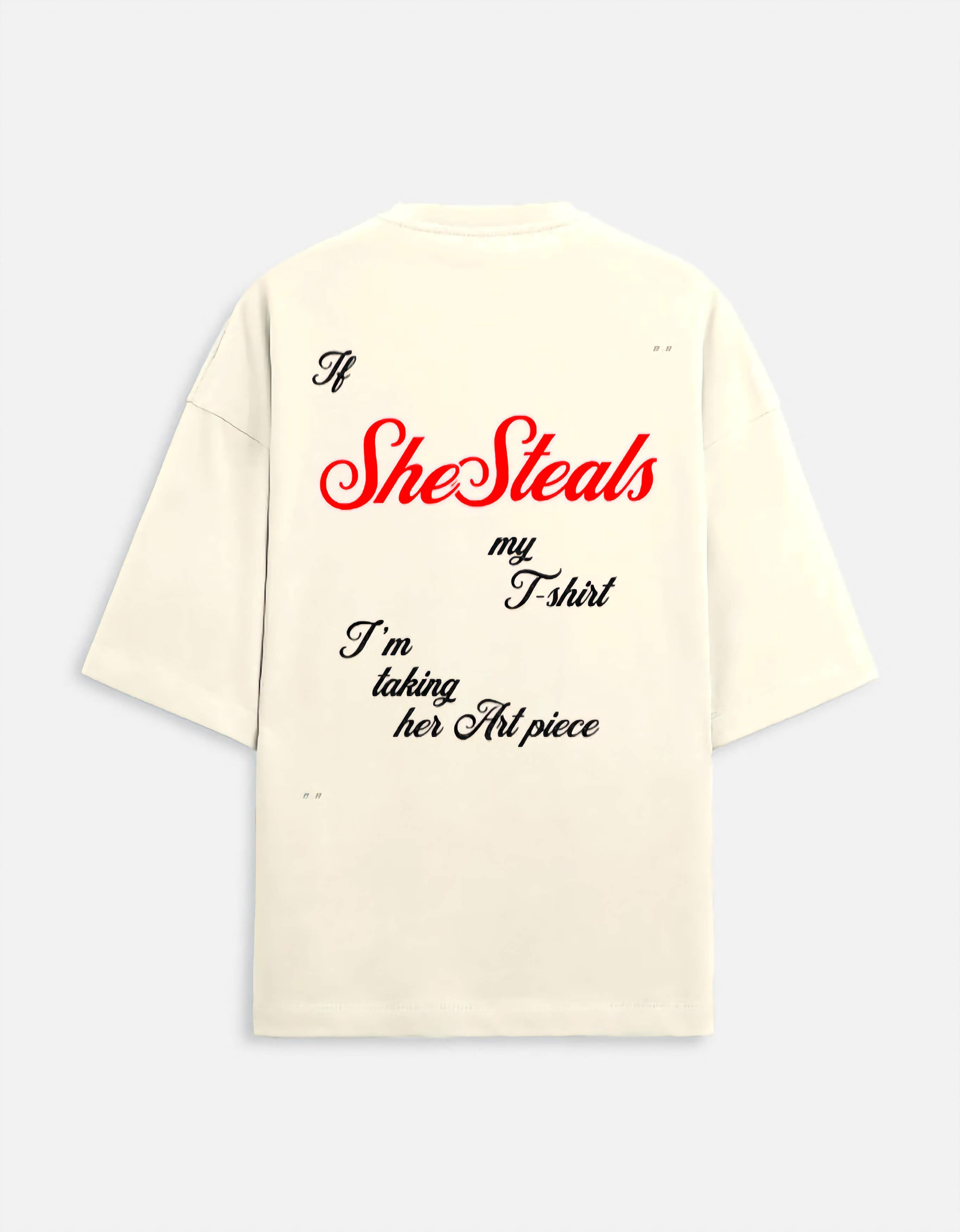 Beige t-shirt with humorous text design on a white background