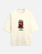 Beige t-shirt with graphic design and text on a white background