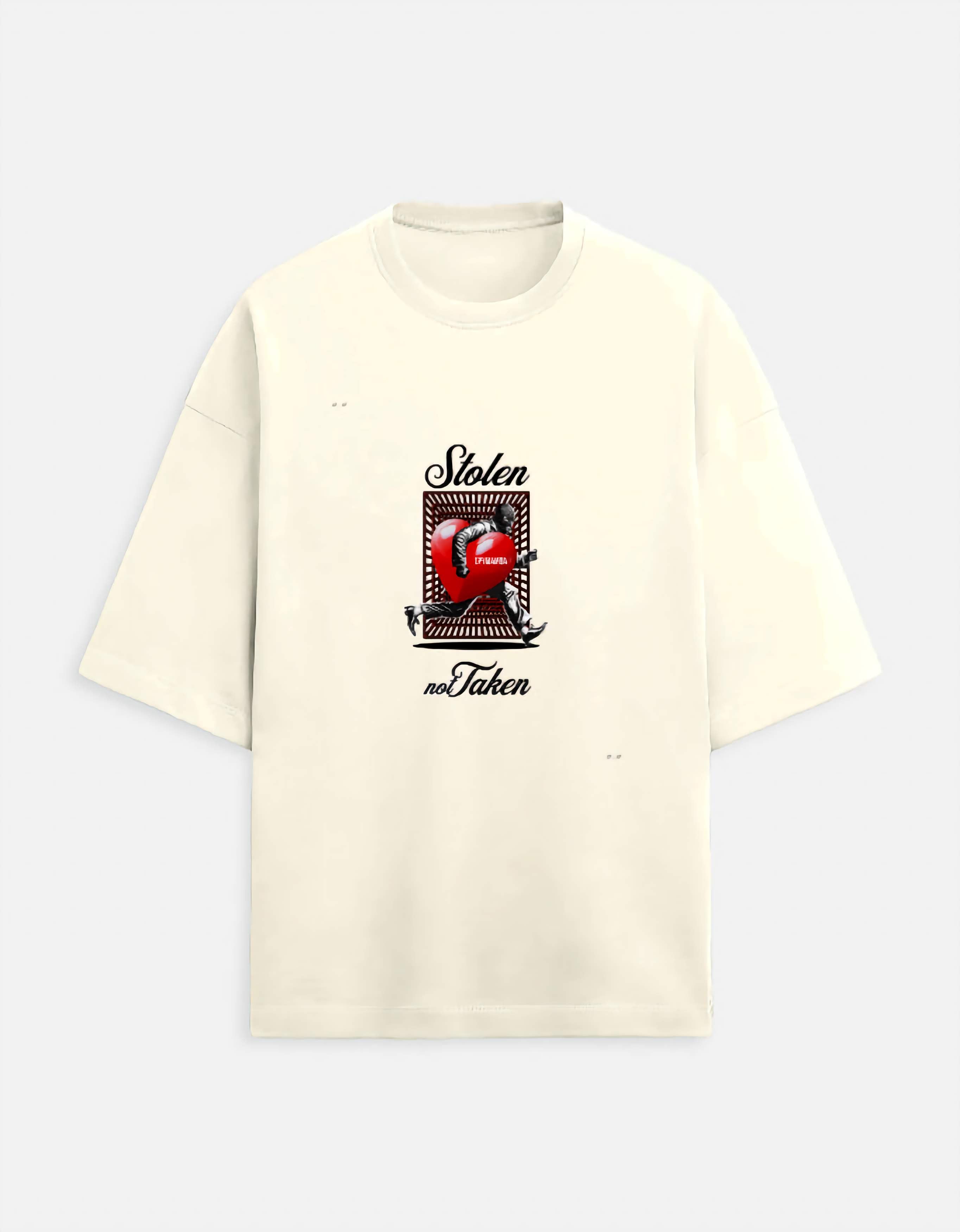 Beige t-shirt with graphic design and text on a white background