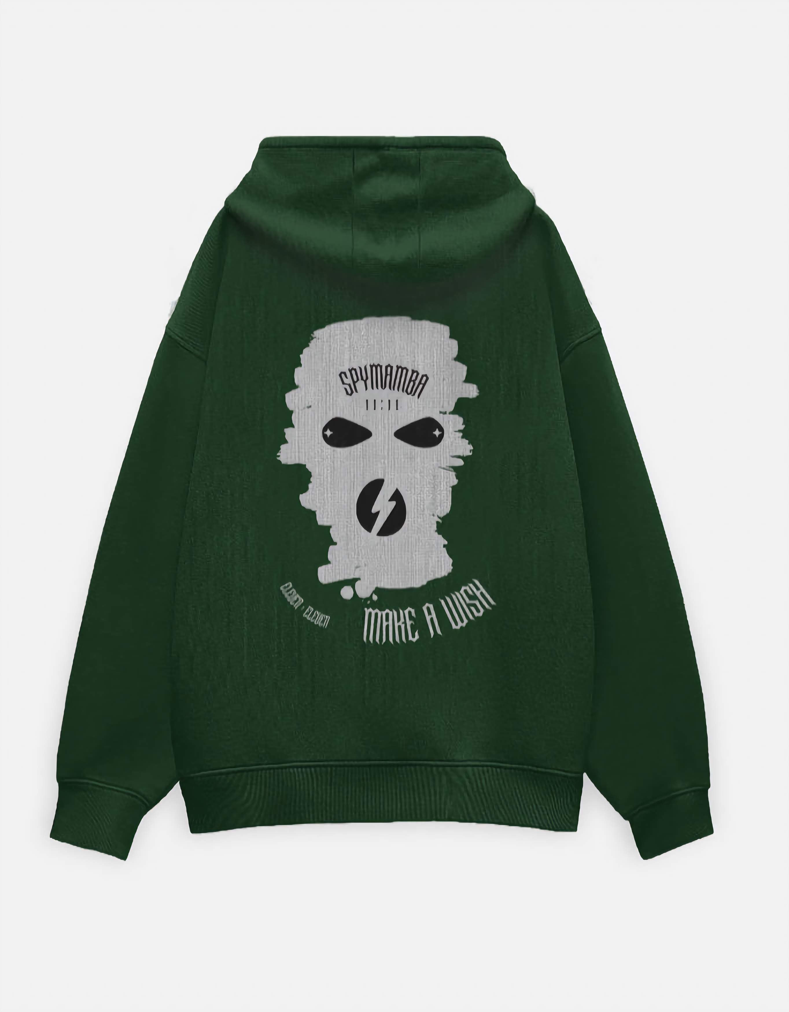 Green hoodie with a white graphic design on the back against a white background