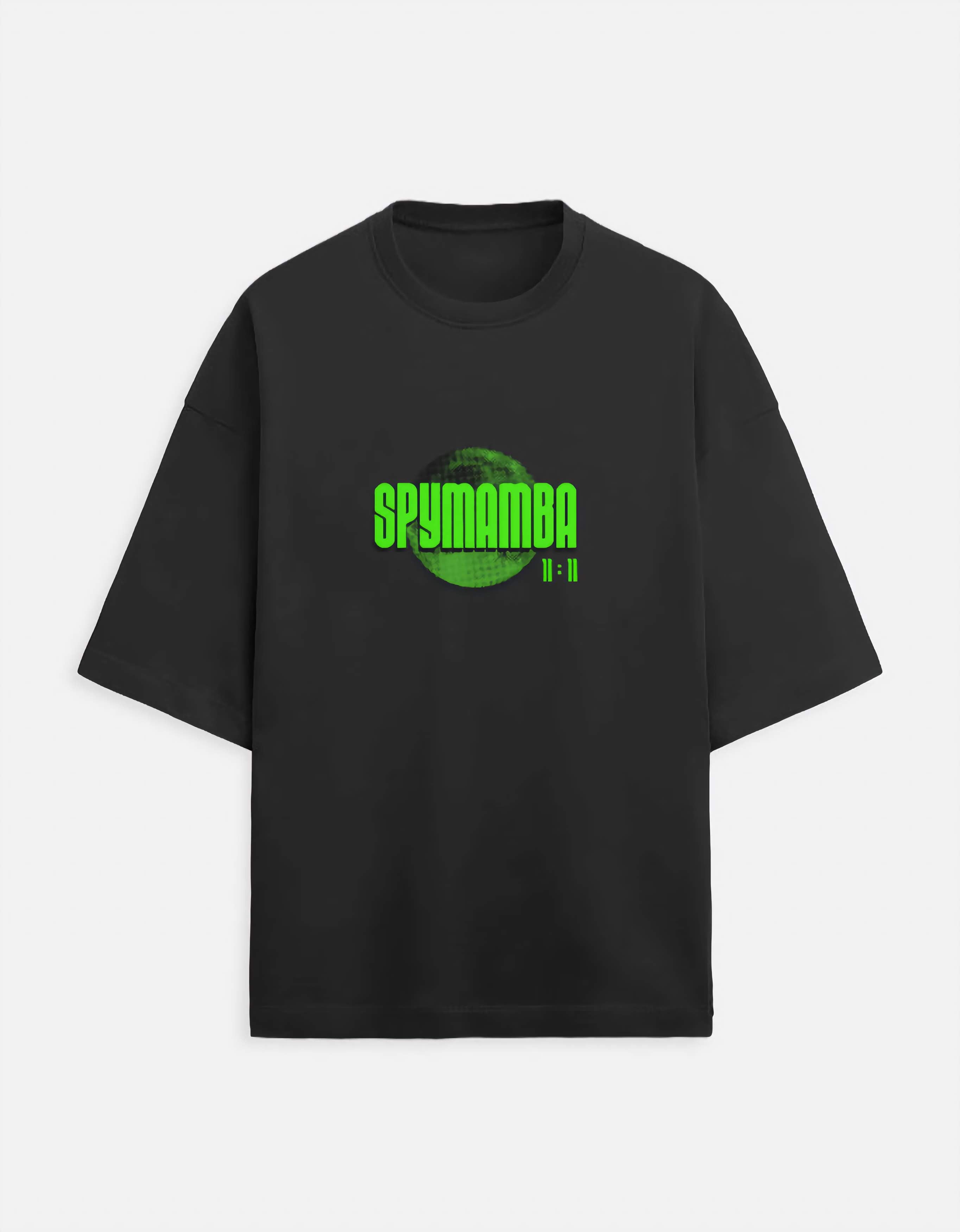 Black t-shirt with green 'SpyMamba' logo on a white background